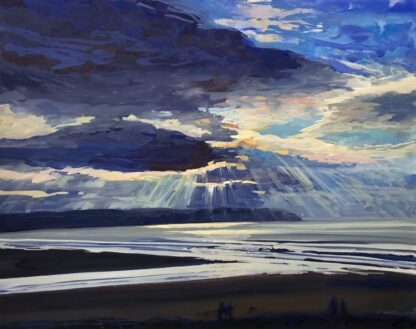 painting of sunspots shining through the clouds onto the Atlantic ocean at Woolacombe beach in North Devon