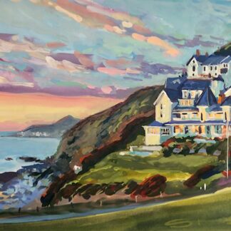 Painting of The Watersmeet Hotel on the cliff top above Combesgate beach in Woolacombe North Devon at sunset