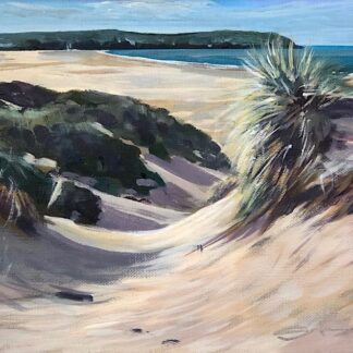 Sand dunes at woolacombe beach in north Devon, looking across the beach at low tide to Baggy point and Putsborough beach
