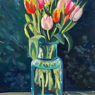 Gouache Painting of Rainbow tulips in a glass vase in the springlike sunshine