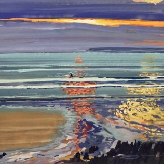 painting of a surfer sat on his board watching the sunset at Woolacombe beach Devon