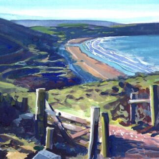 Painting of an open gate ontop of a hill overlooking woolacombe beach North Devon in February