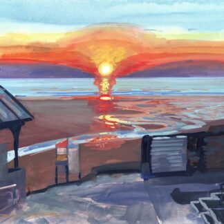 sunset painting between two buildings on woolacombe beach setting over the sea