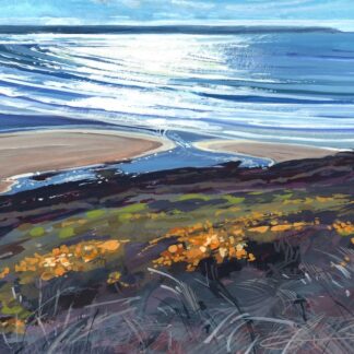 painting of a view across gorse bushes to a beach sparkling in the late afternoon sunshine and a sparkling sea