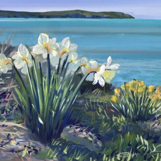 Painting of daffodils in the sunshine with a turquoise sea and blue skies