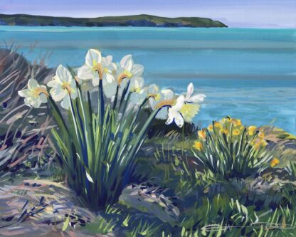 Painting of daffodils in the sunshine with a turquoise sea and blue skies