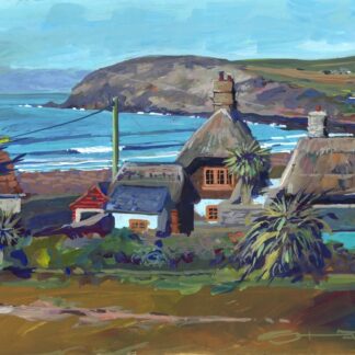 Painting of thatched cottages in Croyde Bay with the surf and Baggy Point in the background