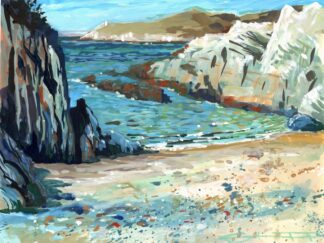 Painting of the tide gently lapping onto the shore a sunny warm Spring day at Barricane beach. Painting by Woolacombe artist Steve PP
