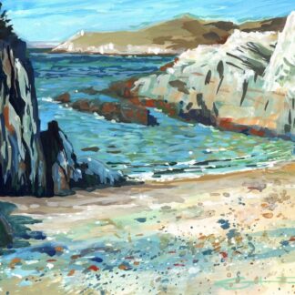 Painting of the tide gently lapping onto the shore a sunny warm Spring day at Barricane beach. Painting by Woolacombe artist Steve PP