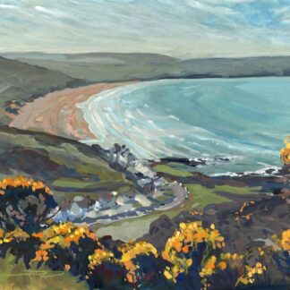 painting of yellow flowered gorse bushes overlooking a seaside village and a long sandy beach and ocean