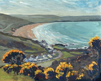 painting of yellow flowered gorse bushes overlooking a seaside village and a long sandy beach and ocean