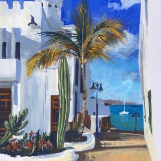 painting of a palm tree infant of a white building with a view to the blue ocean with a white yacht at anchor