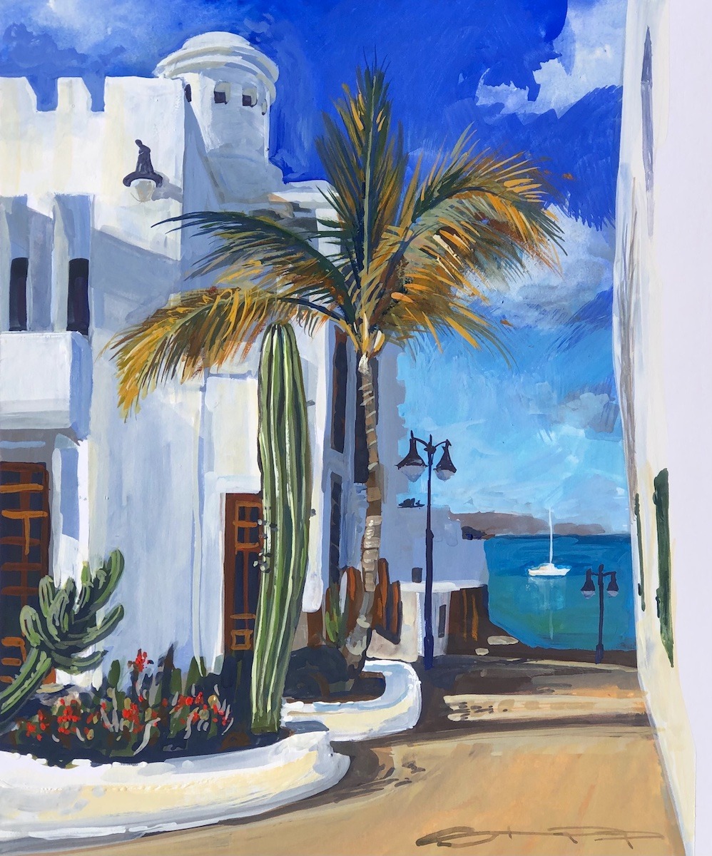 painting of a palm tree infant of a white building with a view to the blue ocean with a white yacht at anchor