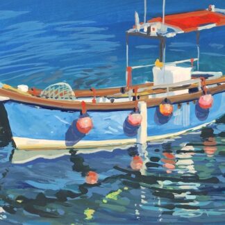 blue fishing boat with a red canopy at anchor on a turquoise sea
