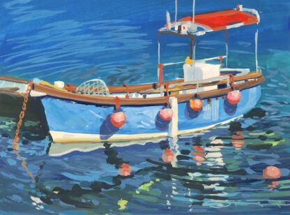 blue fishing boat with a red canopy at anchor on a turquoise sea
