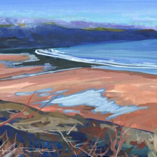 view across the beach at Putsborough to the sea and Baggy point headland with mist ontop