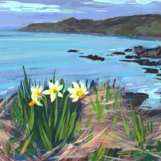 Spring Daffodils flowering on a rocky coast