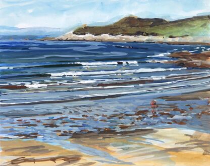 painting of two bathers walking along a beach on a hot day with waves rolling in the sea