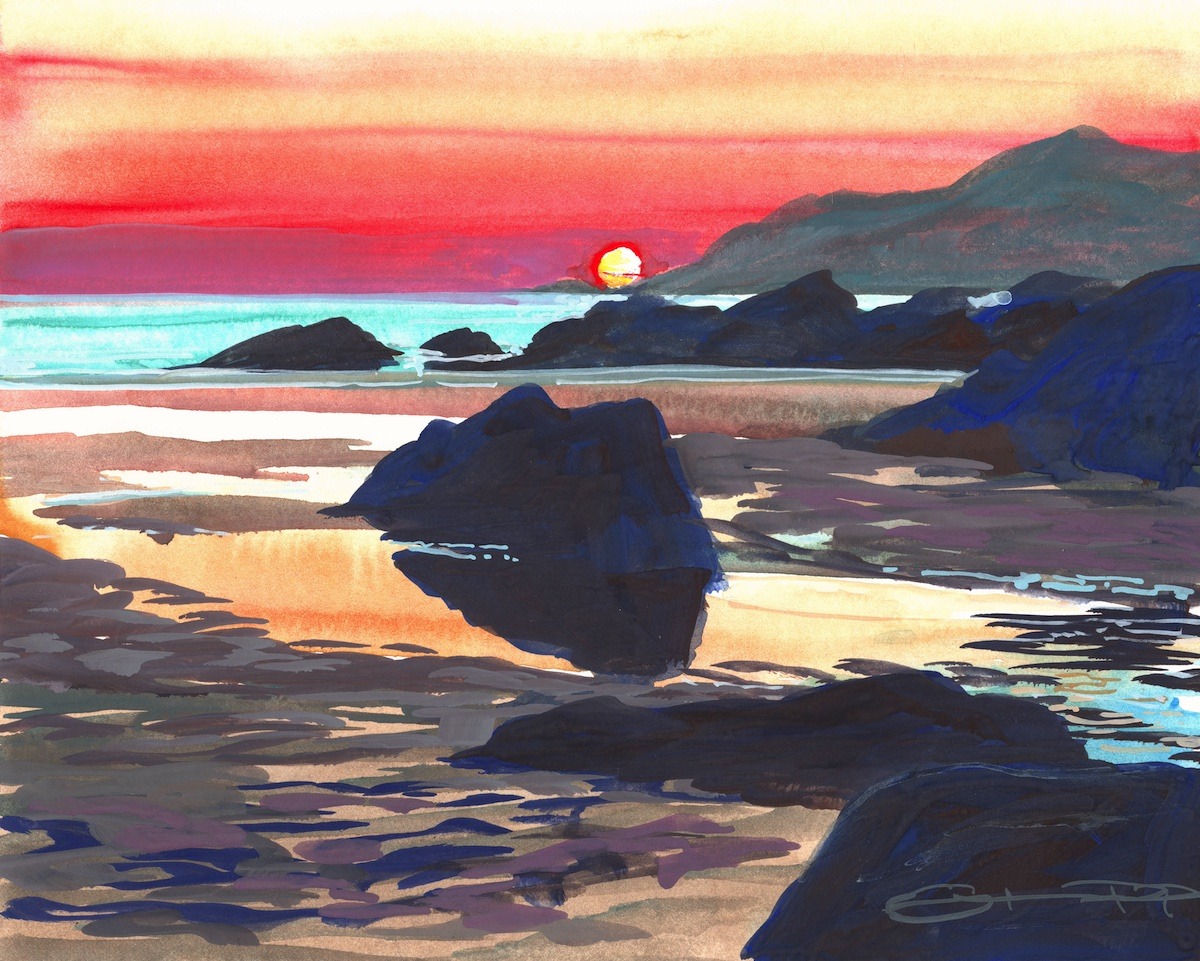 Colourful summer solstice painting on Combesgate beach-Print