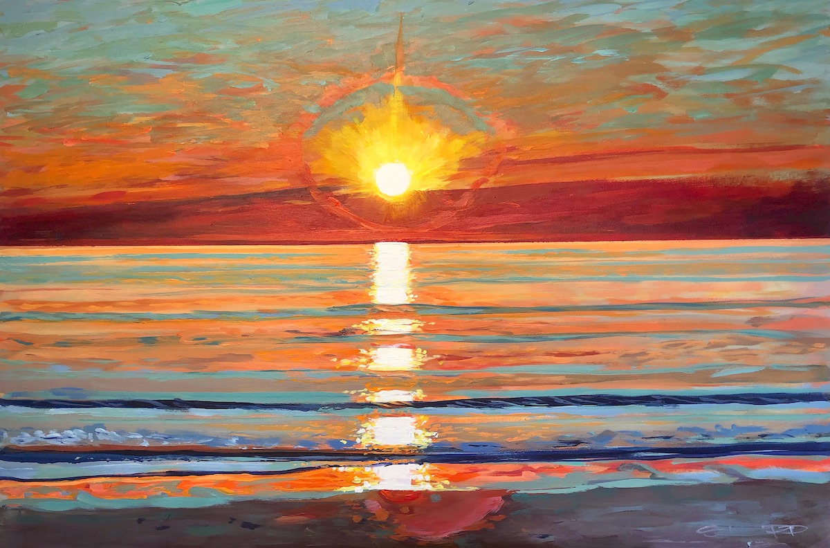 colourful original painting of July sunset on woolacombe beach