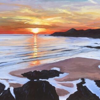 painting of a warm July evening bathing in the rays of a setting sun on Combesgate beach, Woolacombe.