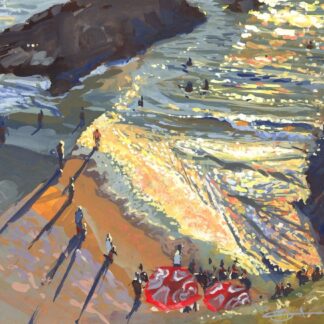 sunset swimmers on barricane beach with red parasols