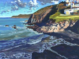 Colourful gouache painting of a rocky North Devon cove. Cool shadows retreating under the morning sun light as the tide pushes a small wave onto the shore at the top of the beach. With the Watersmeet Hotel basking in the sunlight.