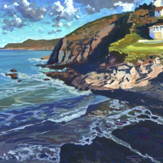 Colourful gouache painting of a rocky North Devon cove. Cool shadows retreating under the morning sun light as the tide pushes a small wave onto the shore at the top of the beach. With the Watersmeet Hotel basking in the sunlight.