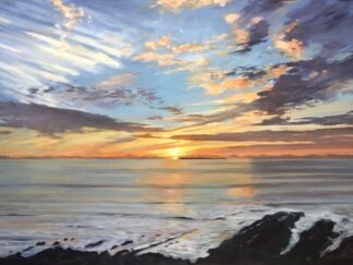Colourful painting of a sunset going down near Lundy seen from Woolacombe beach