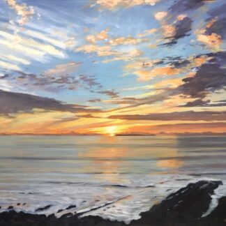 Colourful painting of a sunset going down near Lundy seen from Woolacombe beach