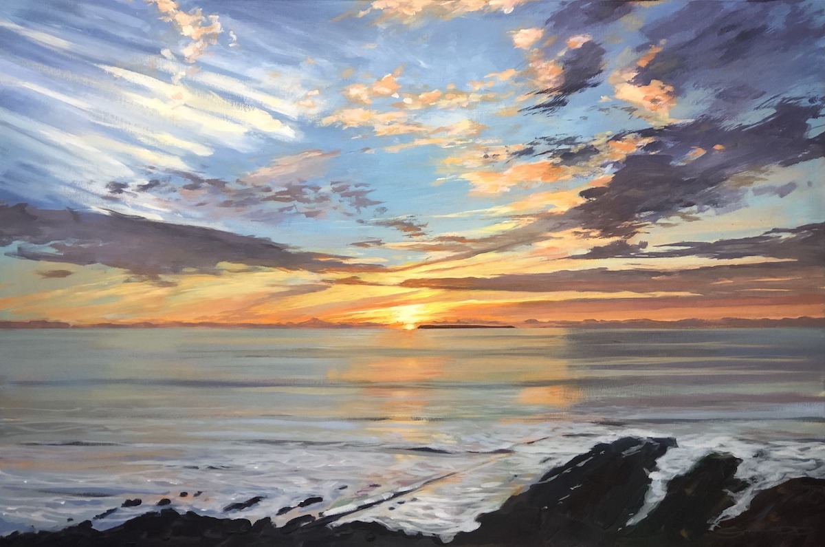 Colourful painting of a sunset going down near Lundy seen from Woolacombe beach