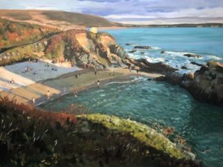 painting of a sunny evening on a beach with long shadows on the sand