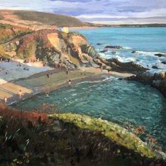 painting of a sunny evening on a beach with long shadows on the sand