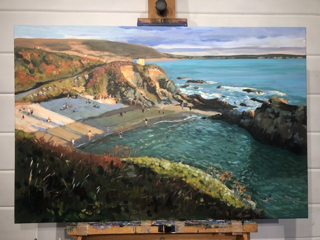 Last Rays Of Warmth on an easel in landscape painter Steven Pleydell-Pearce's Woolacombe art studio