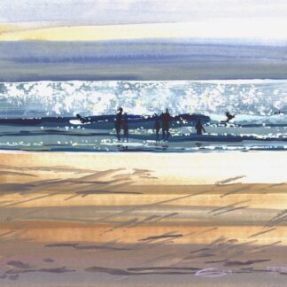 bellyboard surfers sliding across a sparkling wave on Woolacombe beach on a hot summer day
