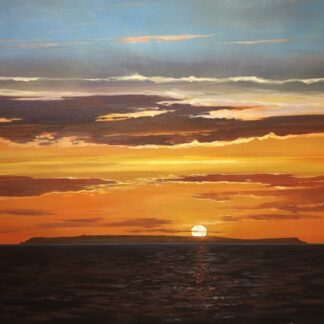 Colourful original painting of a golden sunset going down behind Lundy, by Woolacombe artist Steve PP