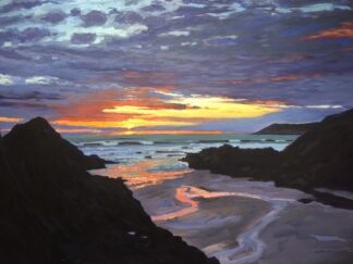 colourful painting of a sunset over the sea reflecting in the wet sand on the beach