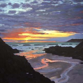 colourful painting of a sunset over the sea reflecting in the wet sand on the beach
