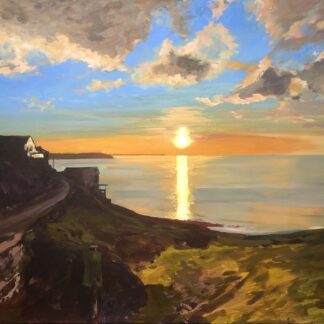 Golden sunset over the sea views from the shore with houses in silhouette on the coastal hillside. Woolacombe Sunset Painting