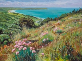 colourful painting of the view over the coast with sea pinks and gorse bushes in the foreground