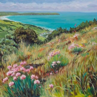 colourful painting of the view over the coast with sea pinks and gorse bushes in the foreground