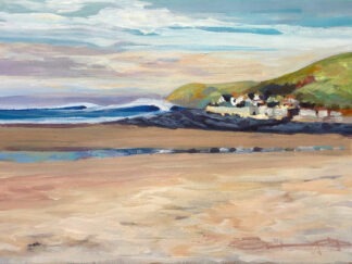 Acrylic painting of big waves breaking on a beach at low tide in Croyde North Devon