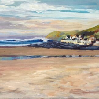Original art painting of big waves breaking on a beach at low tide in Croyde North Devon