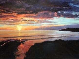 Painting of glassy ocean waves rolling into a rocky shore with a golden sunset in the background