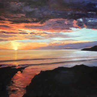 Painting of glassy ocean waves rolling into a rocky shore with a golden sunset in the background