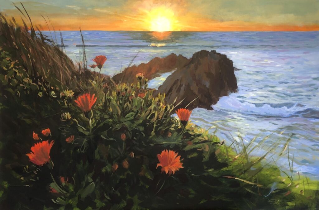 Marigold Sunset Original Barricane Beach Painting by Woolacombe landscape painter Steve PP. Colourful orange marigolds line the sea cliffs above Barricane.