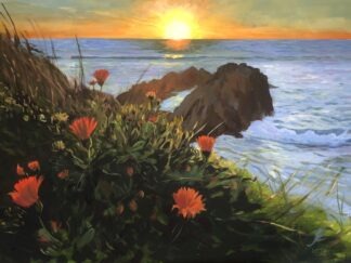 Marigold Sunset Original Barricane Beach Painting by Woolacombe landscape painter Steve PP. Colourful orange marigolds line the sea cliffs above Barricane.