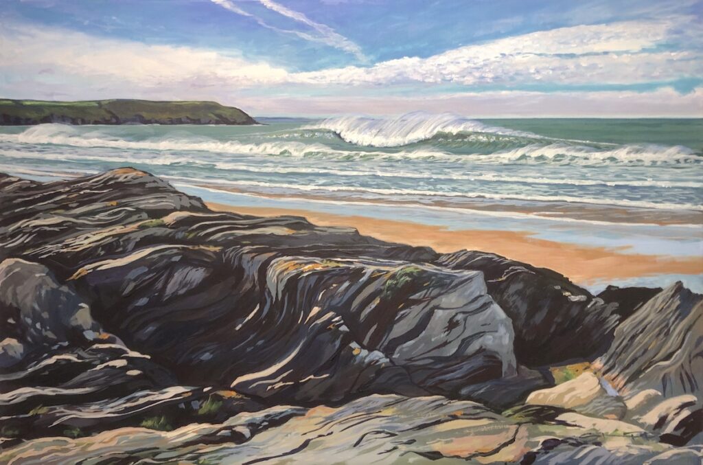 Colourful original painting of sparkling surf breaking in a green sea on a sandy Woolacombe beach, with rocks in the foreground