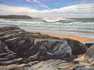 Colourful original painting of sparkling surf breaking in a green sea on a sandy Woolacombe beach, with rocks in the foreground by Woolacombe artist Steve PP