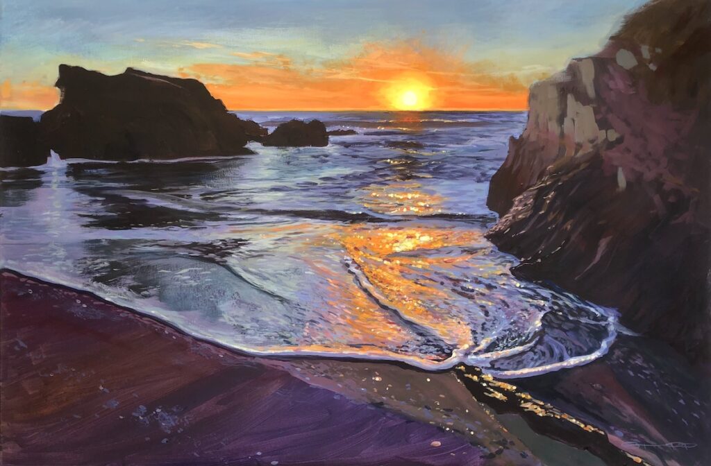 Sparkling Shore Original Barricane Beach sunset painting from Woolacombe landscape artist Steve PP